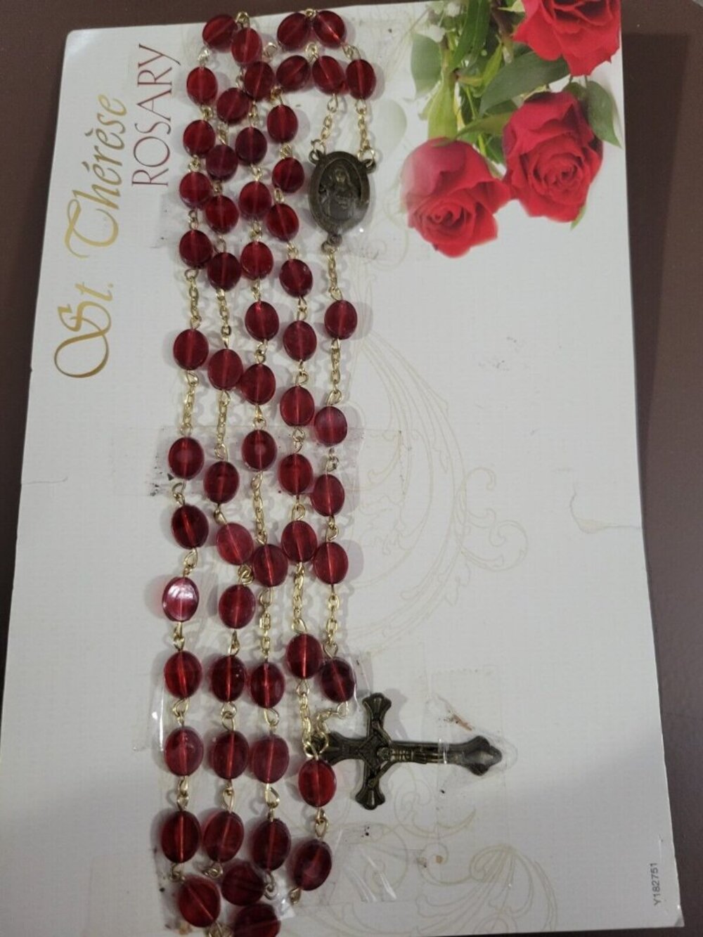 St. Therese Rosary Carnelian Red Beaded On Card with Info On Back Side Vtg NOS